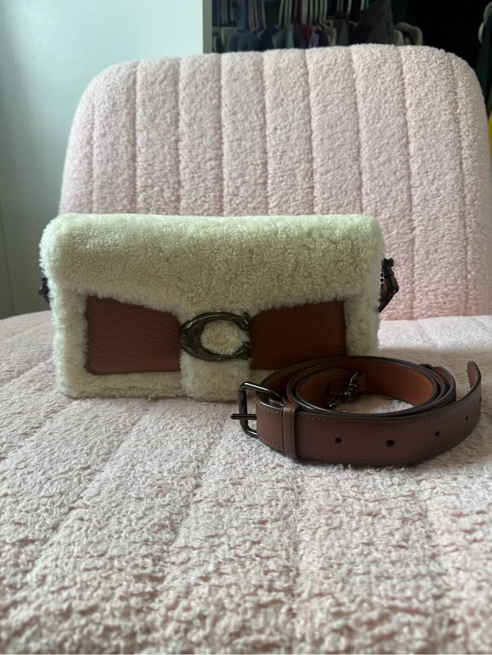 Coach Tabby Shearling Shoulder Bag in Cream and Tan/Brown
